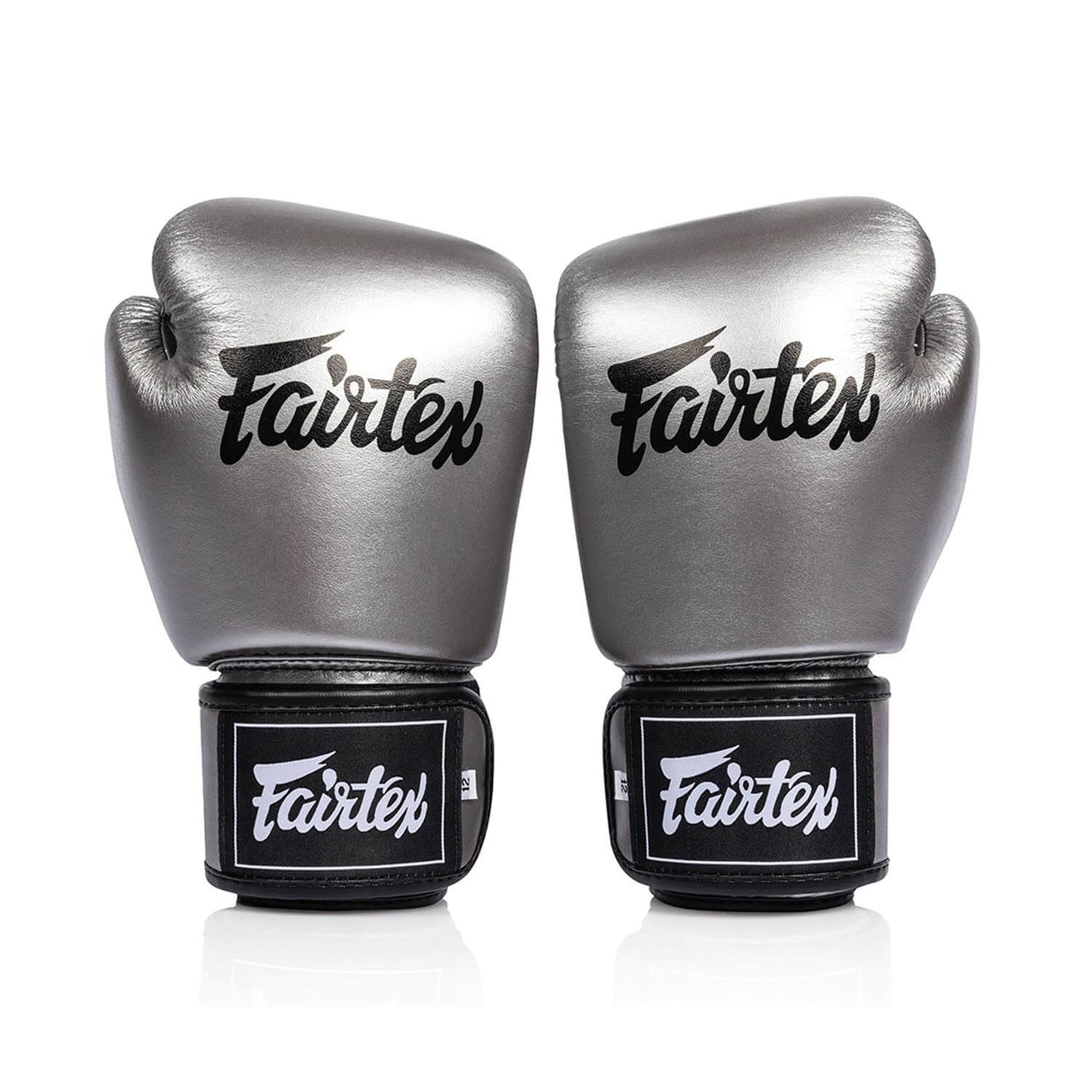 Pair of silver and black fairtex bgv1c plus microfibre boxing gloves on a white background front view
