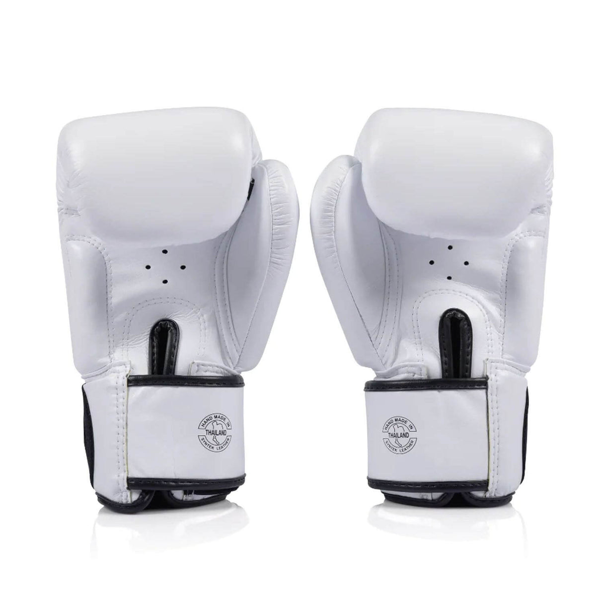 Pair of white Fairtex bgv1c plus boxing gloves with black accents on a white background