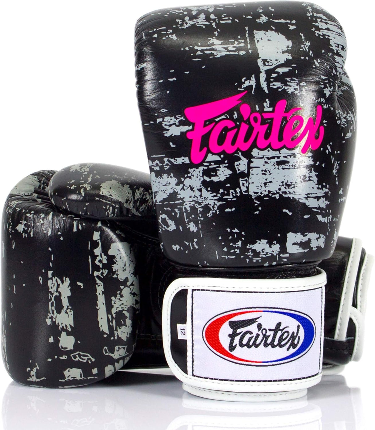 A pair of Fairtex BGV1 Universal Boxing Gloves in a dark cloud color with pink and white Fairtex logo on the wrist strap.