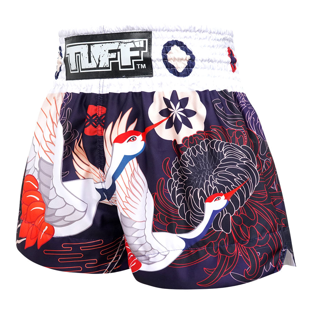 MS639 TUFF Muay Thai Shorts Navy Blue Japanese Drawing Crane Birds