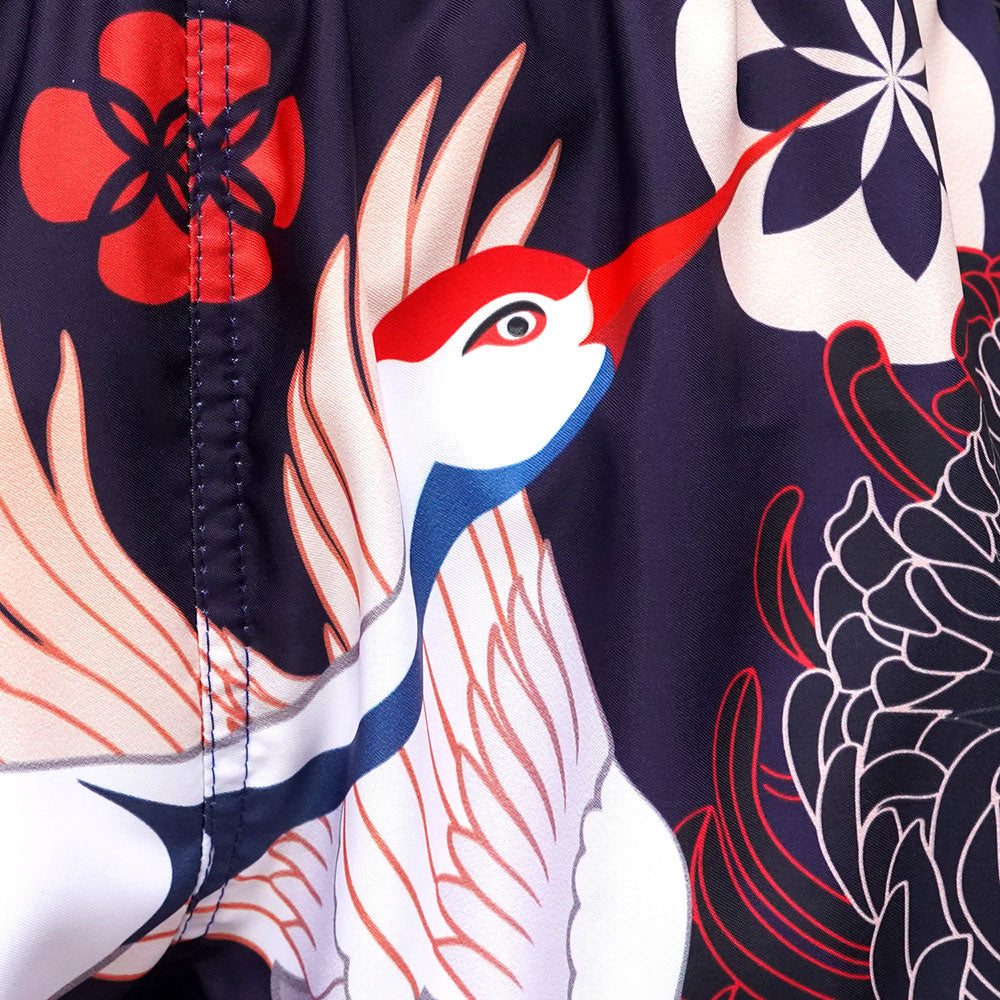 MS639 TUFF Muay Thai Shorts Navy Blue Japanese Drawing Crane Birds
