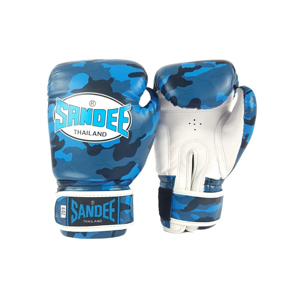 A pair of blue camouflage Sandee kids Muay Thai gloves with white branding on the cuffs.