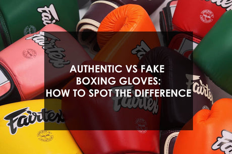 Genuine vs fake boxing gloves side by side showing clear differences in stitching, padding and logo quality – Twins, Fairtex and Top King authentic Muay Thai gloves