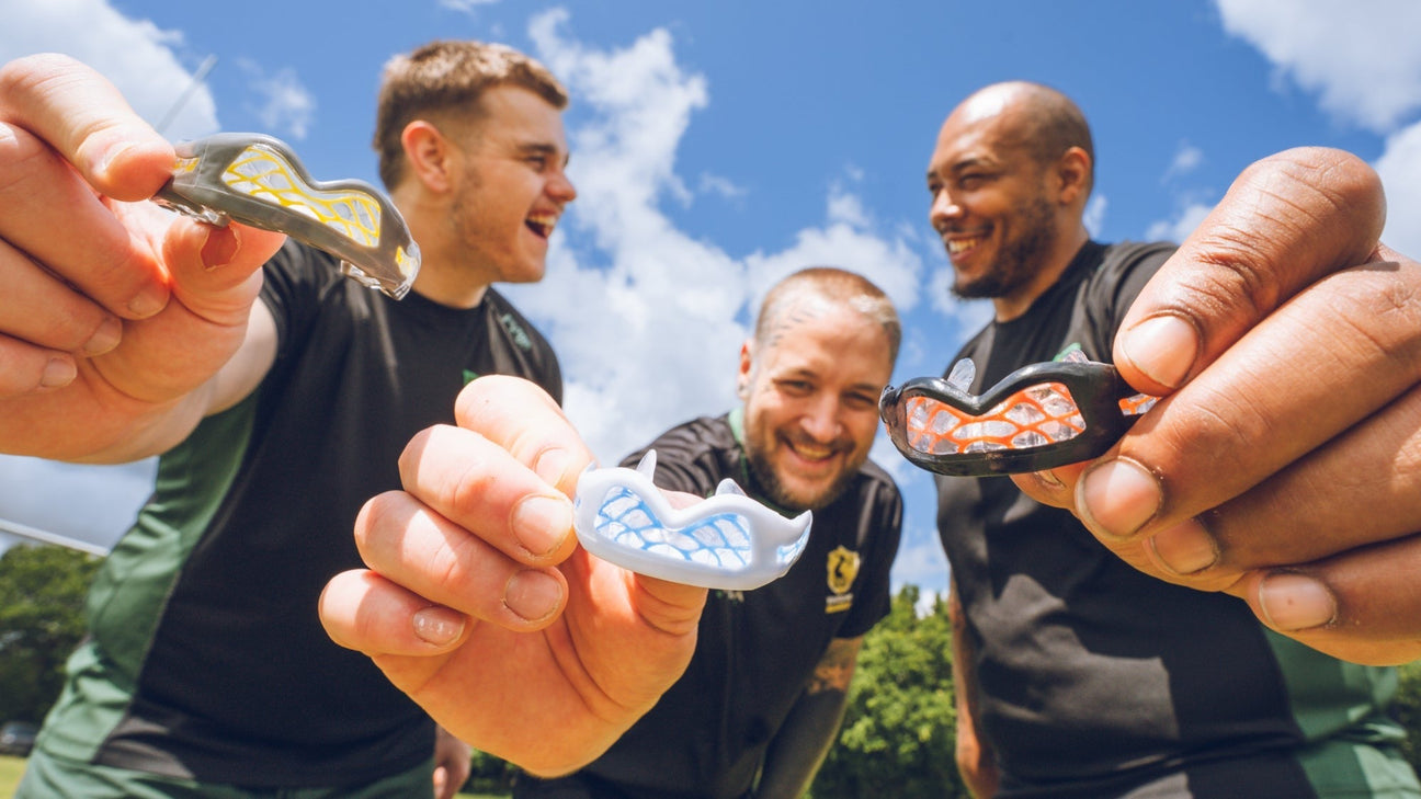 Safejawz mouthguards in Extro, Nitro, and Intro designs displayed side by side for combat sports protection