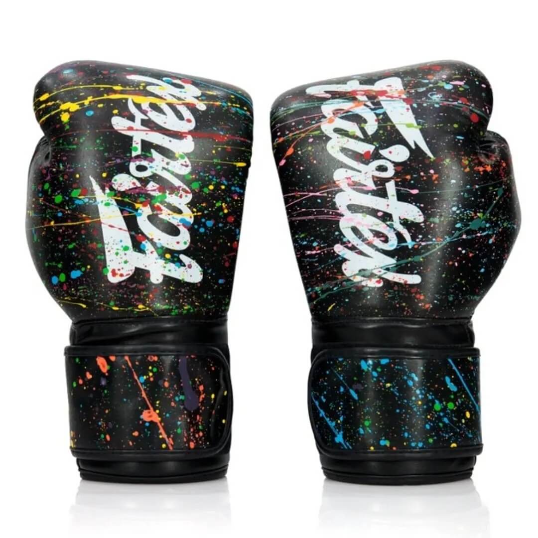 fairtex bgv14pt painter microfibre boxing gloves black with multi-colour splatter front view