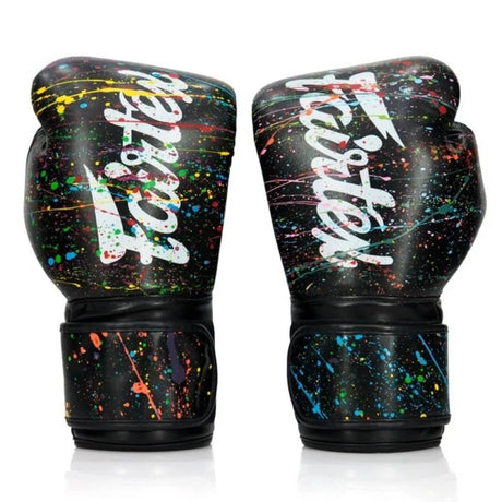 fairtex bgv14pt painter microfibre boxing gloves black with multi-colour splatter front view