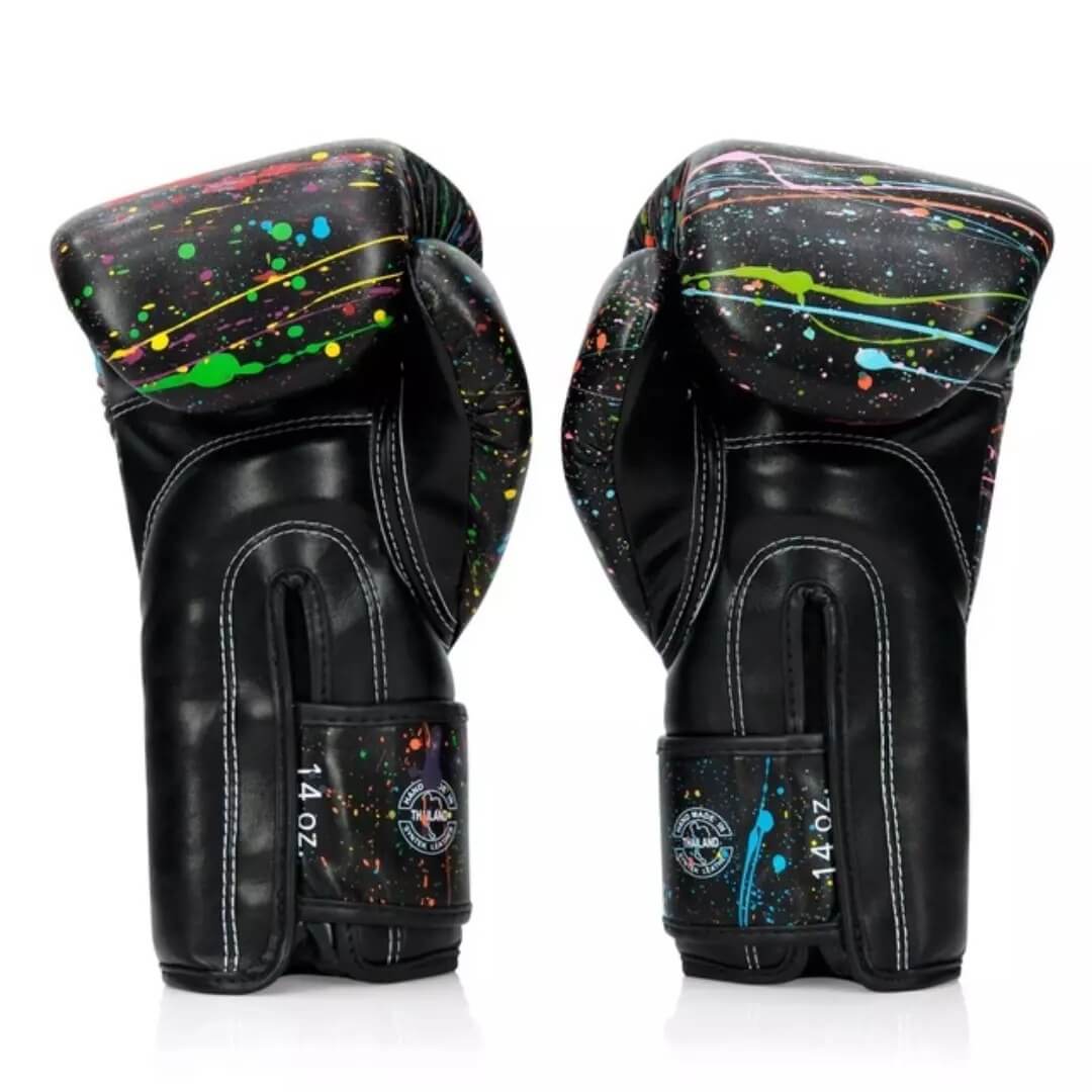fairtex bgv14pt painter microfibre boxing gloves black with multi-colour splatter back detail of velcro closure