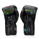 fairtex bgv14pt painter microfibre boxing gloves black with multi-colour splatter back detail of velcro closure