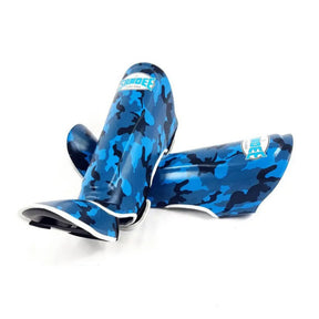 A pair of blue camouflage Sandee shin guards with foot cover for martial arts sparring.
