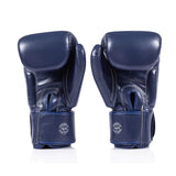 Back view of navy blue Fairtex BGV1C PLUS Microfibre boxing gloves on a white background with velcro closure visible
