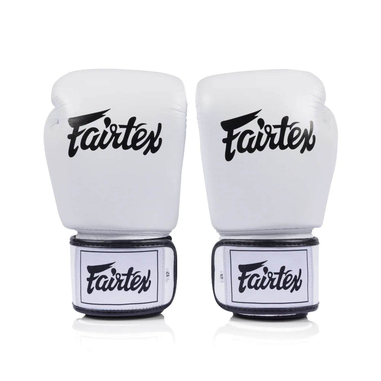 Pair of white Fairtex bgv1c plusboxing gloves on a white background