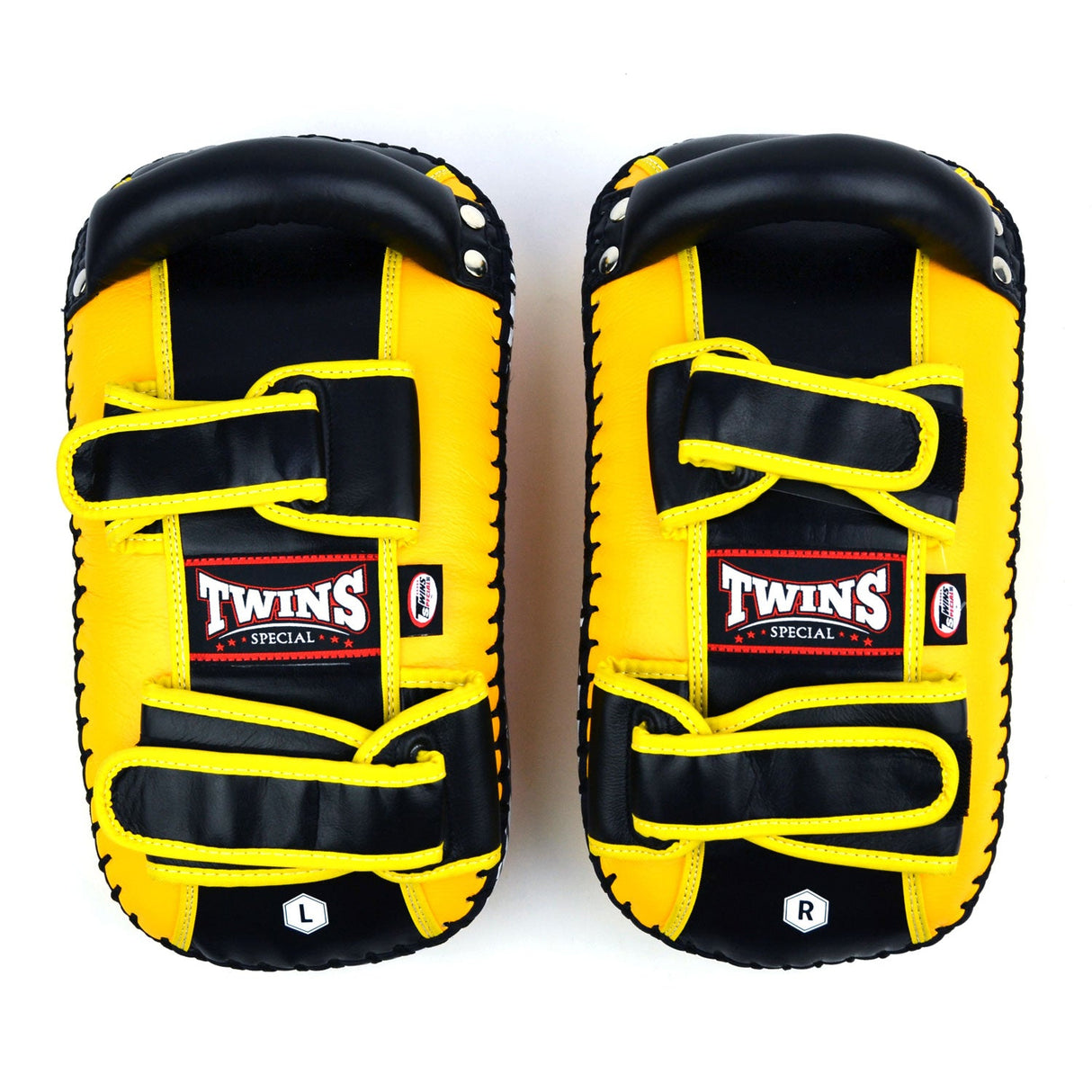KPL10 Twins Curved Leather Thai Kick Pads Yellow-Black