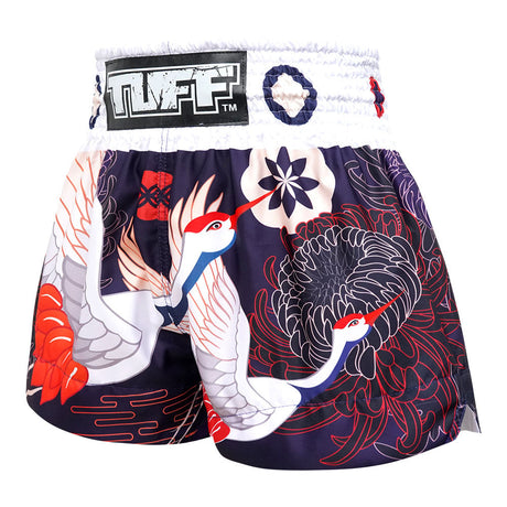MS639 TUFF Muay Thai Shorts Navy Blue Japanese Drawing Crane Birds