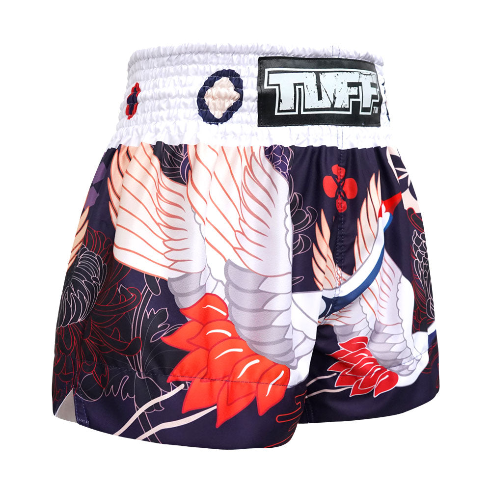 MS639 TUFF Muay Thai Shorts Navy Blue Japanese Drawing Crane Birds