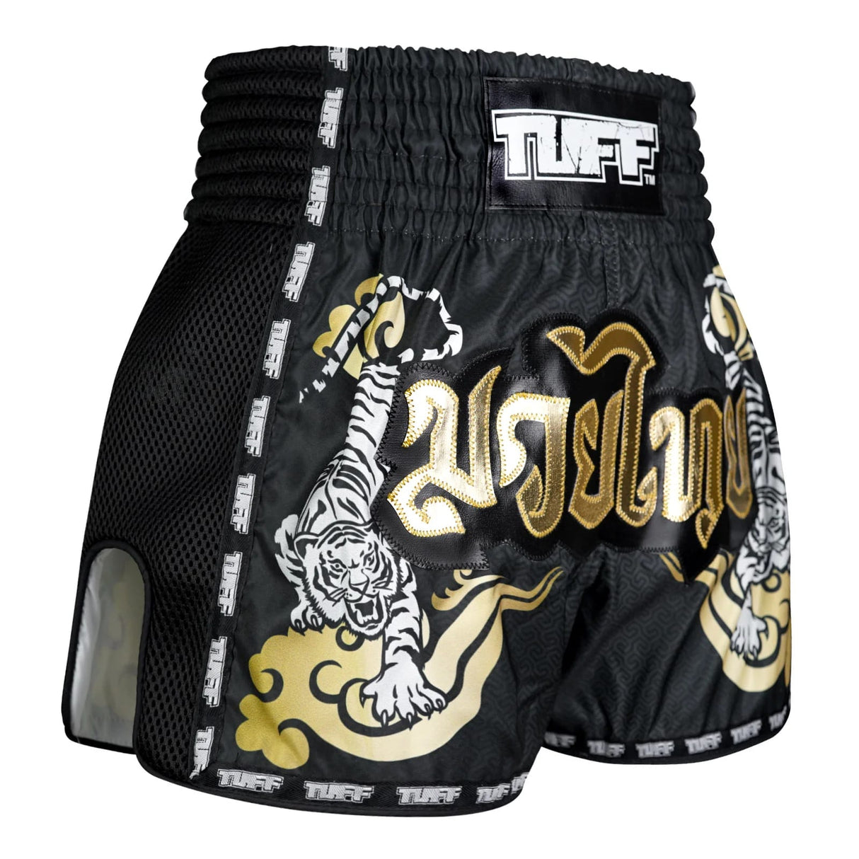 MSC120 TUFF Muaythai Shorts Retro Style Black Twin Tiger