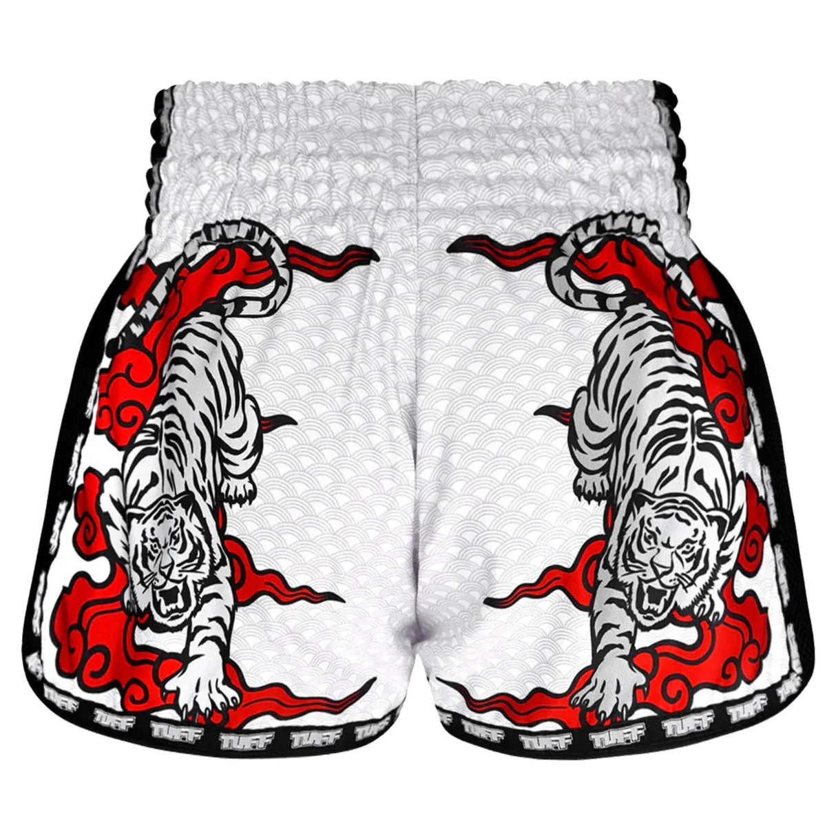 MSC121 TUFF Muaythai Shorts Retro Style White Twin Tiger