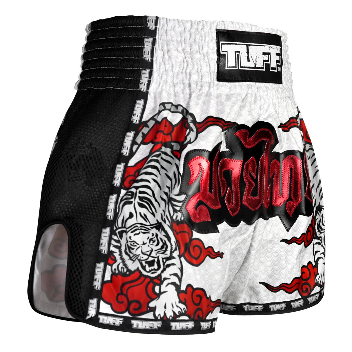 MSC121 TUFF Muaythai Shorts Retro Style White Twin Tiger