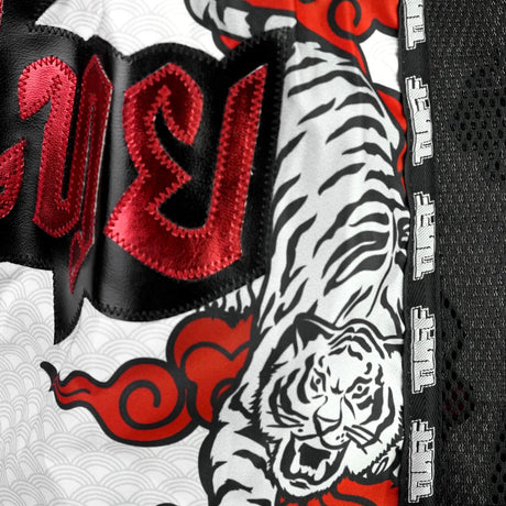 MSC121 TUFF Muaythai Shorts Retro Style White Twin Tiger
