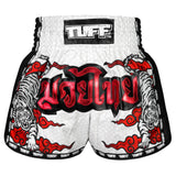 MSC121 TUFF Muaythai Shorts Retro Style White Twin Tiger