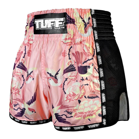 MSC123 TUFF Muaythai Shorts Retro Style Pink Birds With Roses