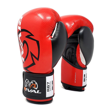 Red and black Rival RB7 boxing gloves for heavy bag workouts